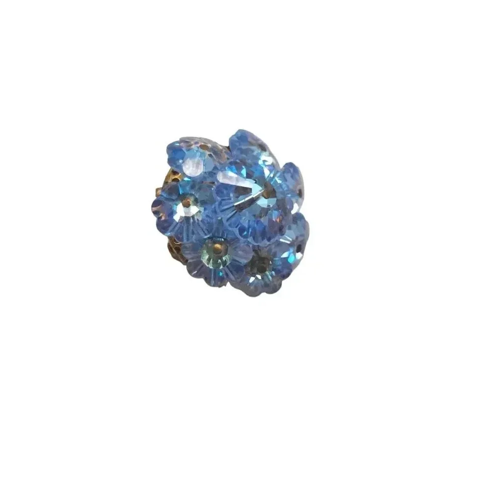 Blue Rivoli Rhinestone Cluster Flower Glass Brooch Pin Gold Tone Vintage